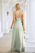 Ladies Chiffon Spaghetti Strap V Neck Front Slit Floor Length Bridesmaid Evening Dress Prom Party Wedding Evening Dress 28116 by numbersea
