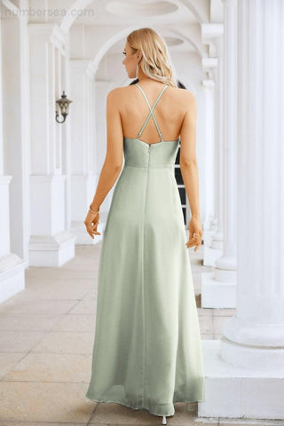 Ladies Chiffon Spaghetti Strap V Neck Front Slit Floor Length Bridesmaid Evening Dress Prom Party Wedding Evening Dress 28116