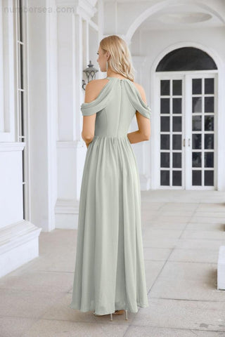 Ladies Chiffon Off Shoulder Swing Sleeve Front Slit Bridesmaid Evening Dress Wedding Party Evening Dress 28117