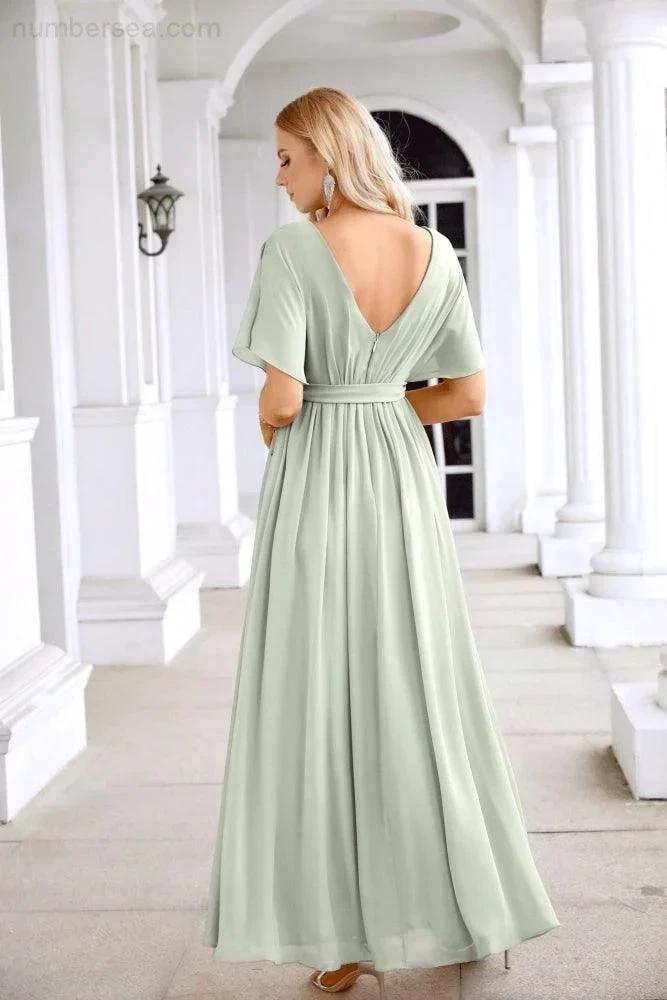 Ladies Chiffon Sleeve Crew Neck Front Slit Floor Length Bridesmaid Evening Dress Wedding Party Evening Dress 28124 by numbersea