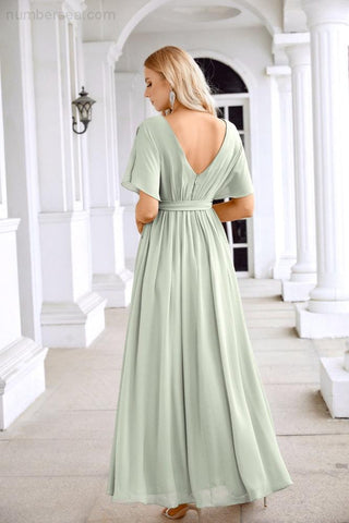 Ladies Chiffon Sleeve Crew Neck Front Slit Floor Length Bridesmaid Evening Dress Wedding Party Evening Dress 28124