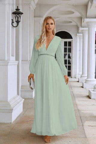 Ladies V Neck Chiffon Long Sleeve Front Slit Bridesmaid Evening Dress Wedding Party Shopping Evening Dress 28109