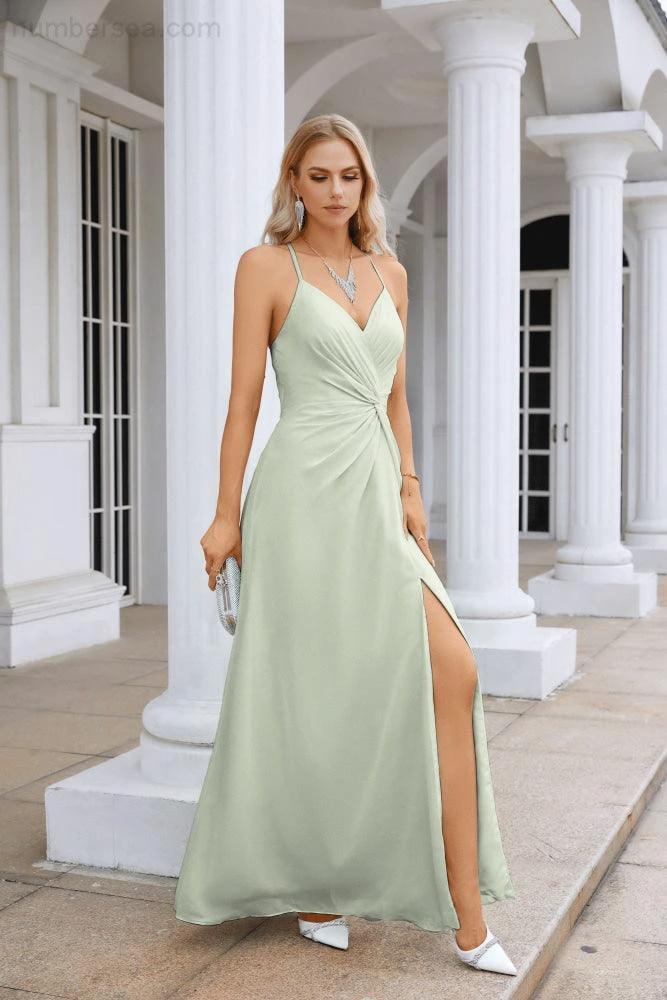 Ladies Chiffon Spaghetti Strap V Neck Front Slit Floor Length Bridesmaid Evening Dress Prom Party Wedding Evening Dress 28116 by numbersea