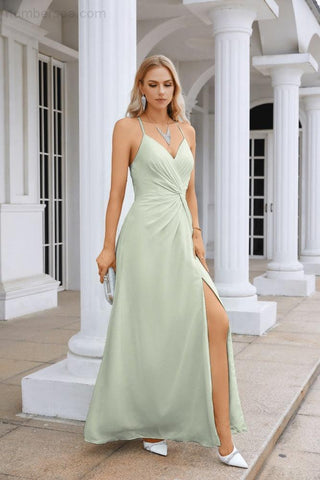 Ladies Chiffon Spaghetti Strap V Neck Front Slit Floor Length Bridesmaid Evening Dress Prom Party Wedding Evening Dress 28116