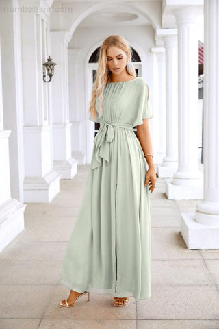 Ladies Chiffon Sleeve Crew Neck Front Slit Floor Length Bridesmaid Evening Dress Wedding Party Evening Dress 28124