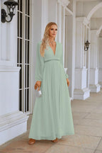 Ladies V Neck Chiffon Long Sleeve Front Slit Bridesmaid Evening Dress Wedding Party Shopping Evening Dress 28109 by numbersea