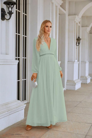 Ladies V Neck Chiffon Long Sleeve Front Slit Bridesmaid Evening Dress Wedding Party Shopping Evening Dress 28109