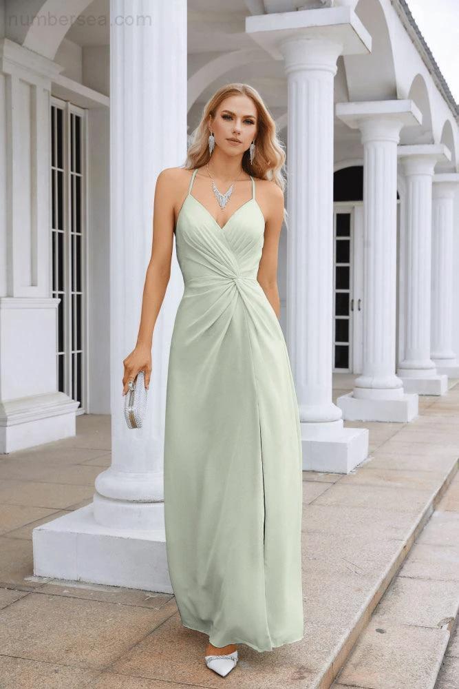 Ladies Chiffon Spaghetti Strap V Neck Front Slit Floor Length Bridesmaid Evening Dress Prom Party Wedding Evening Dress 28116 by numbersea
