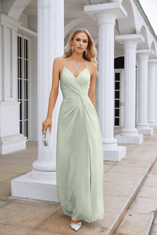 Ladies Chiffon Spaghetti Strap V Neck Front Slit Floor Length Bridesmaid Evening Dress Prom Party Wedding Evening Dress 28116