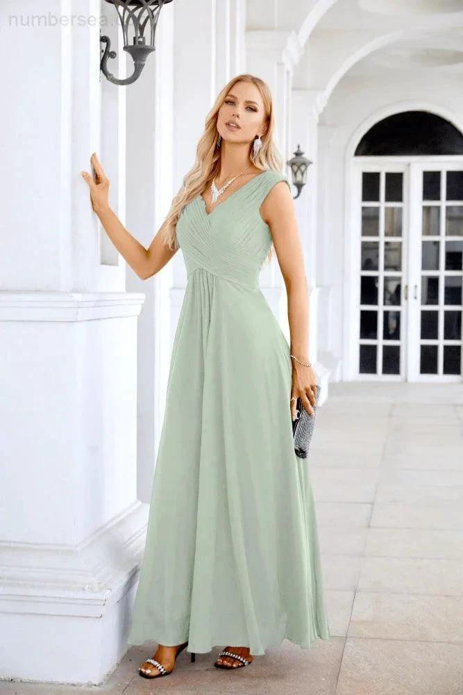 Ladies Chiffon V Neck Sleeveless Floor Length Bridesmaid Evening Dress Wedding Party Evening Dress 28126 by numbersea