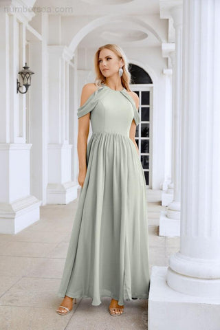 Ladies Chiffon Off Shoulder Swing Sleeve Front Slit Bridesmaid Evening Dress Wedding Party Evening Dress 28117