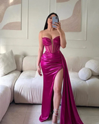 Low V-Neck Strapless Beaded Ruched Satin Sheath Long Evening Dress Y6025 by simplepromdress