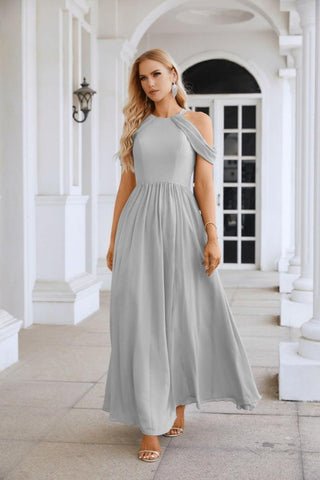 Ladies Chiffon Off Shoulder Swing Sleeve Front Slit Bridesmaid Evening Dress Wedding Party Evening Dress 28117