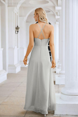 Ladies Chiffon Spaghetti Strap V Neck Front Slit Floor Length Bridesmaid Evening Dress Prom Party Wedding Evening Dress 28116