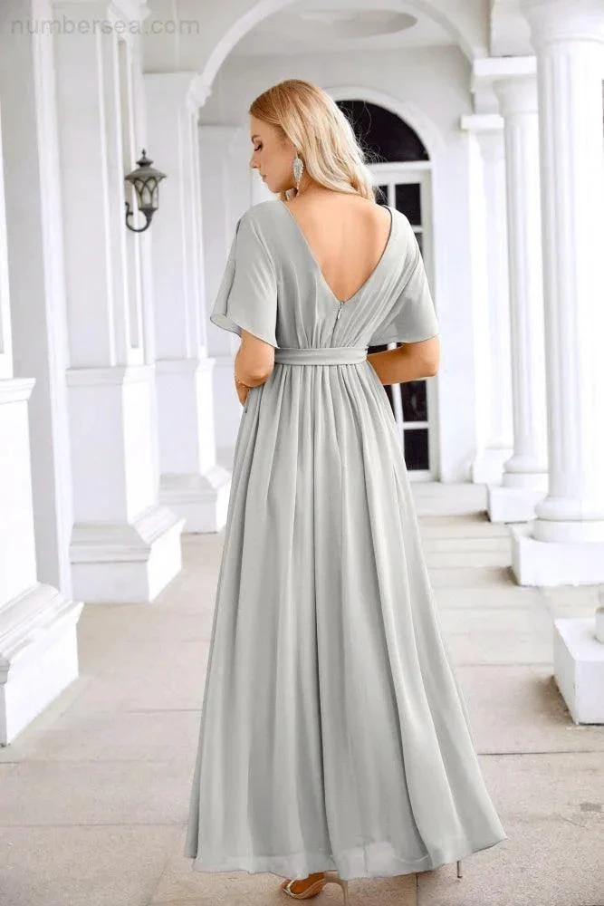Ladies Chiffon Sleeve Crew Neck Front Slit Floor Length Bridesmaid Evening Dress Wedding Party Evening Dress 28124 by numbersea