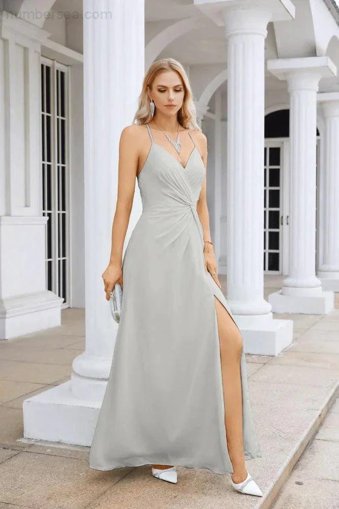 Ladies Chiffon Spaghetti Strap V Neck Front Slit Floor Length Bridesmaid Evening Dress Prom Party Wedding Evening Dress 28116 by numbersea