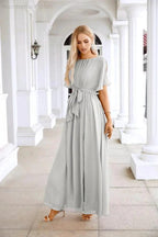 Ladies Chiffon Sleeve Crew Neck Front Slit Floor Length Bridesmaid Evening Dress Wedding Party Evening Dress 28124 by numbersea