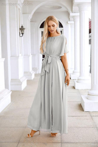 Ladies Chiffon Sleeve Crew Neck Front Slit Floor Length Bridesmaid Evening Dress Wedding Party Evening Dress 28124