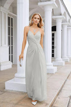 Ladies Chiffon Spaghetti Strap V Neck Front Slit Floor Length Bridesmaid Evening Dress Prom Party Wedding Evening Dress 28116 by numbersea