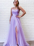 A Line Purple Backless Tulle Long Prom Dress by KissProm