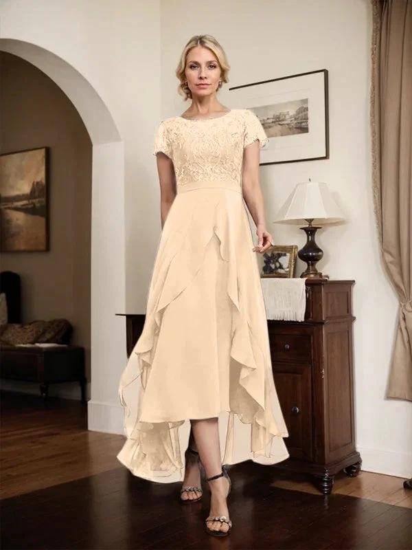 A-line Scoop Illusion Asymmetrical Chiffon Lace Mother of the Bride Dress With Bow Ruffle Sequins by Dreamylily