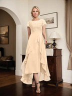 A-line Scoop Illusion Asymmetrical Chiffon Lace Mother of the Bride Dress With Bow Ruffle Sequins by Dreamylily