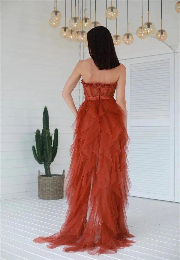 Saanvi | Elegant Rust Tiered Ruffles Tulle Prom Dress by KissProm