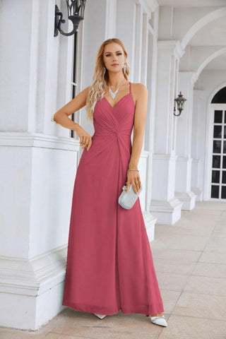 Ladies Chiffon Spaghetti Strap V Neck Front Slit Floor Length Bridesmaid Evening Dress Prom Party Wedding Evening Dress 28116