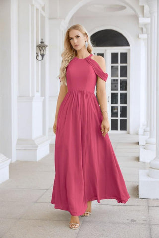 Ladies Chiffon Off Shoulder Swing Sleeve Front Slit Bridesmaid Evening Dress Wedding Party Evening Dress 28117