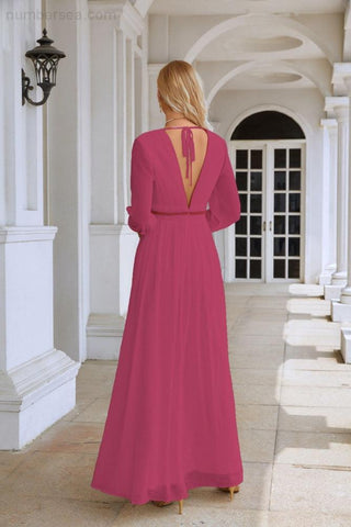 Ladies V Neck Chiffon Long Sleeve Front Slit Bridesmaid Evening Dress Wedding Party Shopping Evening Dress 28109