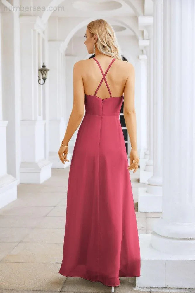 Abito da sera lungo fino a terra da damigella con spalline sottili in chiffon, scollo a V, spacco frontale, per festa di ballo, matrimonio, serata 28116