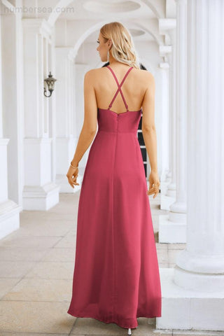 Ladies Chiffon Spaghetti Strap V Neck Front Slit Floor Length Bridesmaid Evening Dress Prom Party Wedding Evening Dress 28116