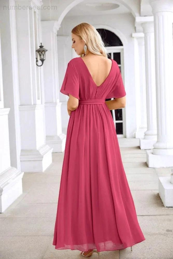 Ladies Chiffon Sleeve Crew Neck Front Slit Floor Length Bridesmaid Evening Dress Wedding Party Evening Dress 28124 by numbersea