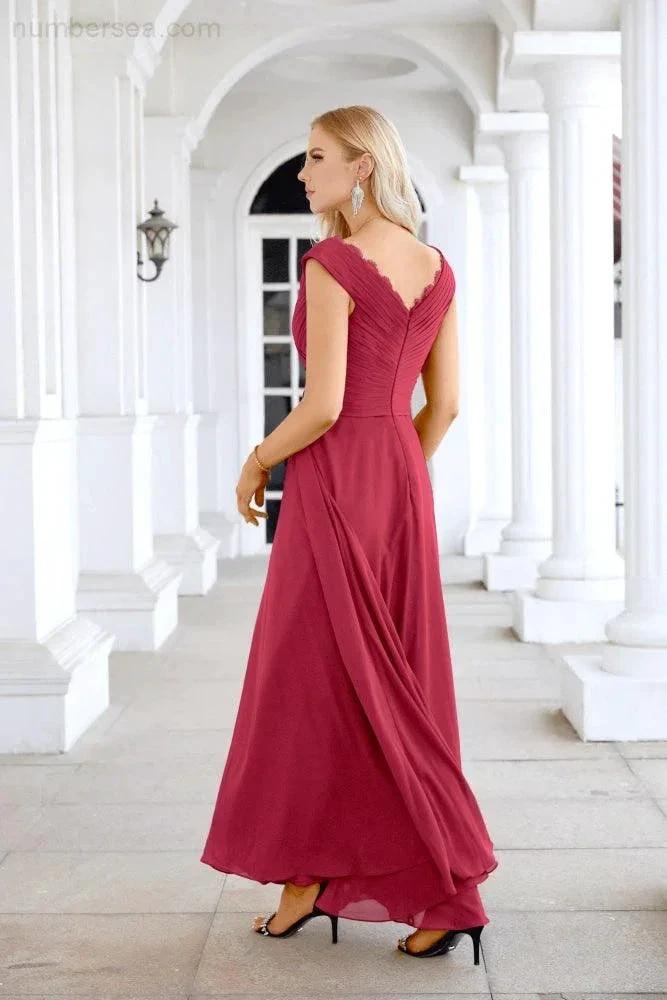 Ladies Chiffon V Neck Sleeveless Floor Length Bridesmaid Evening Dress Wedding Party Evening Dress 28126 by numbersea