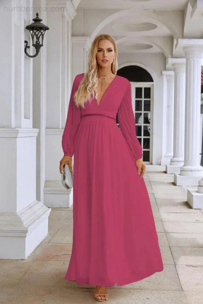 Ladies V Neck Chiffon Long Sleeve Front Slit Bridesmaid Evening Dress Wedding Party Shopping Evening Dress 28109 by numbersea