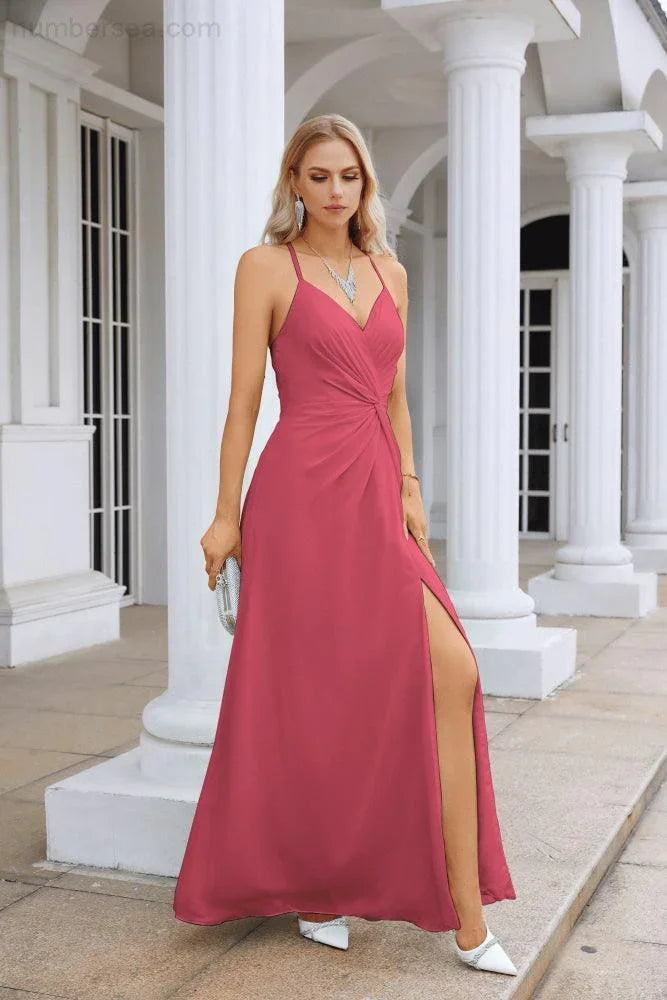 Abito da sera lungo fino a terra da damigella con spalline sottili in chiffon, scollo a V, spacco frontale, per festa di ballo, matrimonio, serata 28116