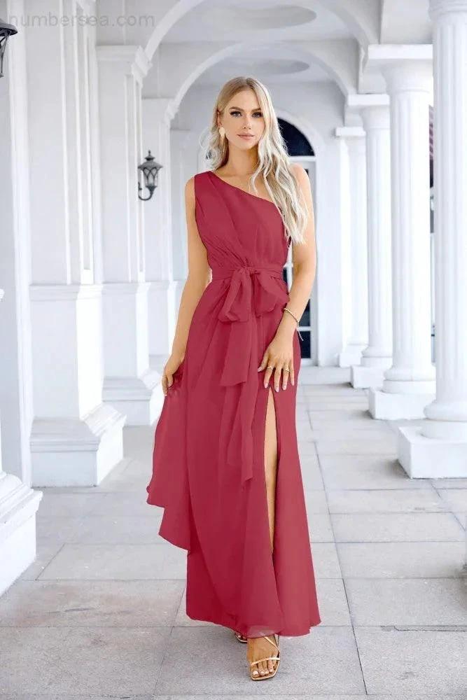 Ladies Chiffon One Shoulder Bridesmaid Evening Dress Wedding Party Evening Dress 28133 by numbersea