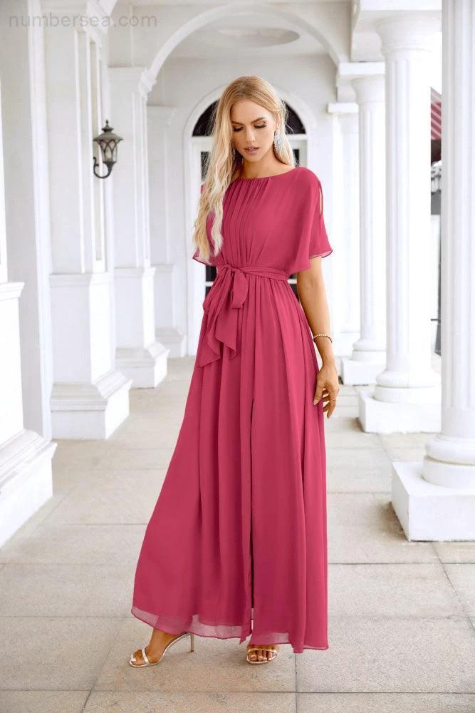 Ladies Chiffon Sleeve Crew Neck Front Slit Floor Length Bridesmaid Evening Dress Wedding Party Evening Dress 28124 by numbersea