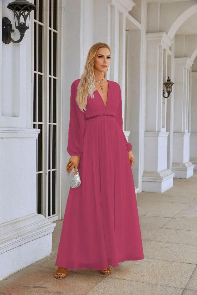 Ladies V Neck Chiffon Long Sleeve Front Slit Bridesmaid Evening Dress Wedding Party Shopping Evening Dress 28109 by numbersea