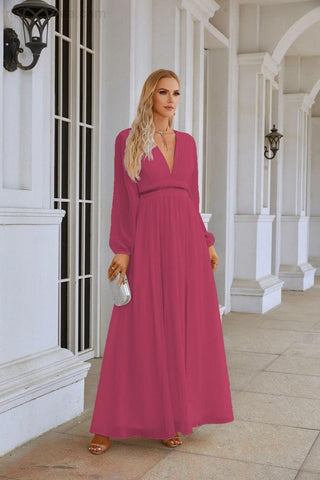 Ladies V Neck Chiffon Long Sleeve Front Slit Bridesmaid Evening Dress Wedding Party Shopping Evening Dress 28109