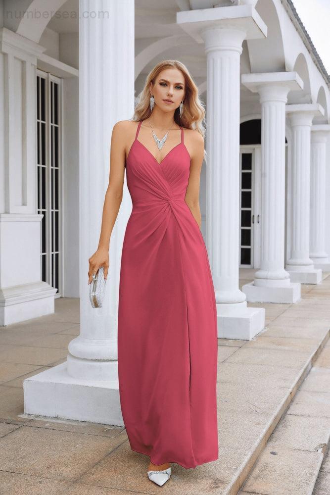 Abito da sera lungo fino a terra da damigella con spalline sottili in chiffon, scollo a V, spacco frontale, per festa di ballo, matrimonio, serata 28116