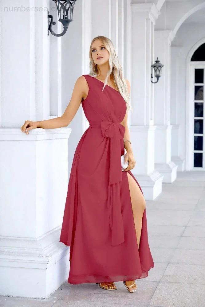 Ladies Chiffon One Shoulder Bridesmaid Evening Dress Wedding Party Evening Dress 28133 by numbersea
