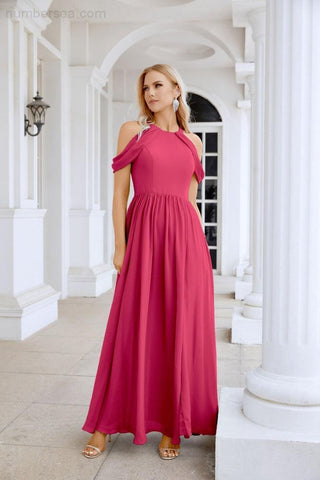 Ladies Chiffon Off Shoulder Swing Sleeve Front Slit Bridesmaid Evening Dress Wedding Party Evening Dress 28117