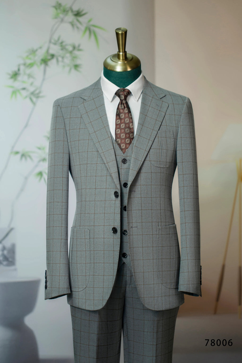 Three-Piece Windowpane Check Wool Suit | Tailored Formal Groom & Business Suit by 男装