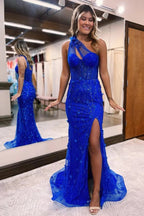 One Shoulder Split Front Mermaid Tulle Prom Dress with Applique Beadings by BIZTUNNEL