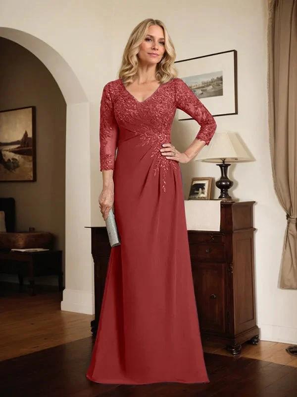 Sheath/Column V-Neck Illusion Floor-Length Lace Chiffon Mother of the Bride Dress With Pleated Sequins by Dreamylily