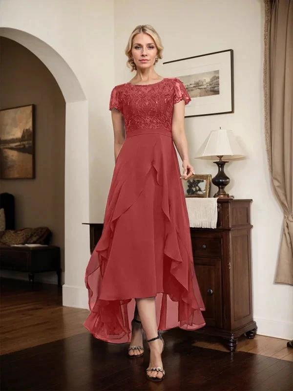 A-line Scoop Illusion Asymmetrical Chiffon Lace Mother of the Bride Dress With Bow Ruffle Sequins by Dreamylily