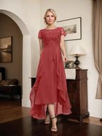 A-line Scoop Illusion Asymmetrical Chiffon Lace Mother of the Bride Dress With Bow Ruffle Sequins by Dreamylily