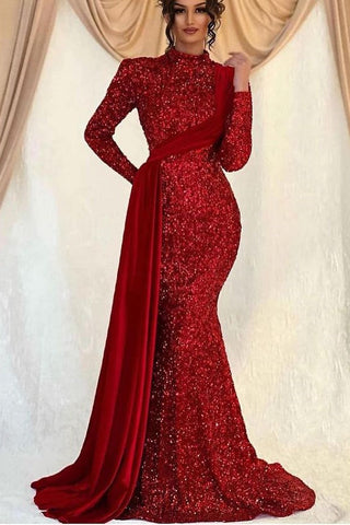 Hochgeschlossenes, langärmliges, paillettenbesetztes Meerjungfrauen-Ballkleid mit Rüschen