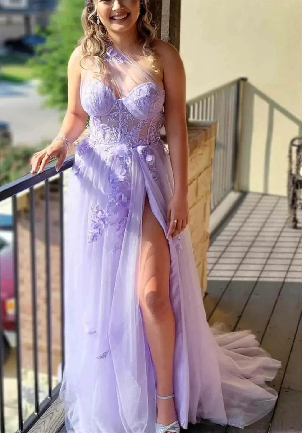 A Line One Shoulder Black Long Prom Dress with Appliques by KissProm